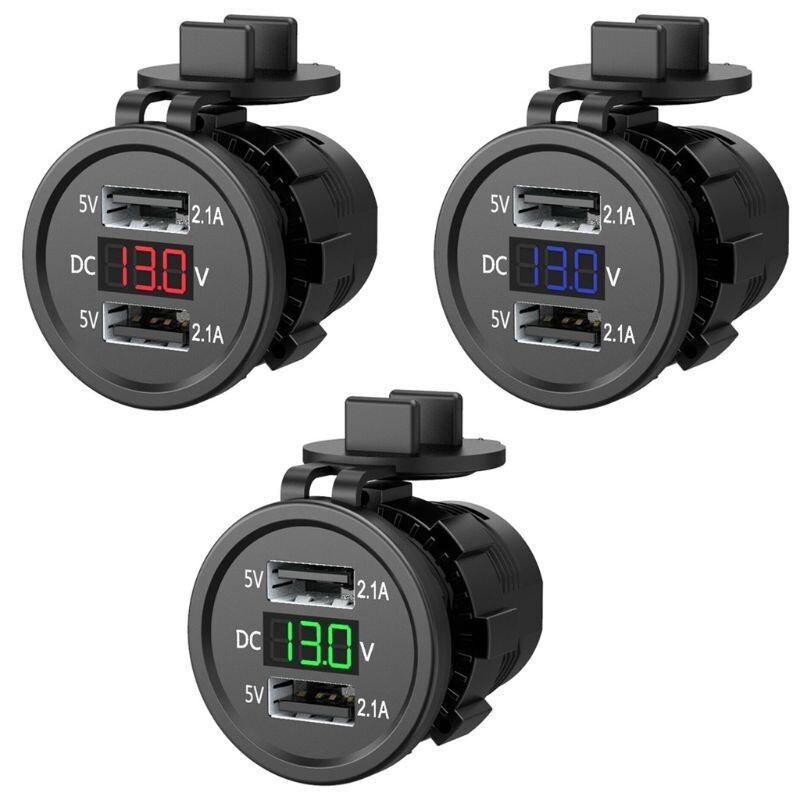 AINNA Waterproof Dual USB Ports & Voltage Display - 5V 2.1A Output untuk Kenderaan 12-24V. Sesuai untuk Kereta, Bot, Motosikal - Ainna Store