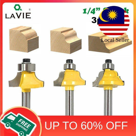 Set Pemotong Router 3-Piece: Bits Beading, Roman Ogee, dan Double Flute dengan Bearing, 1/4" Shank. Sesuai untuk Kerja Kayu! Alat Hardware AINNA - Ainna Store