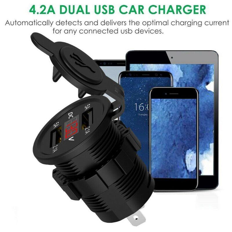 AINNA Waterproof Dual USB Ports & Voltage Display - 5V 2.1A Output untuk Kenderaan 12-24V. Sesuai untuk Kereta, Bot, Motosikal - Ainna Store