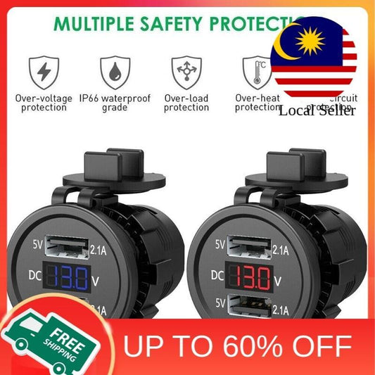 AINNA Waterproof Dual USB Ports & Voltage Display - 5V 2.1A Output untuk Kenderaan 12-24V. Sesuai untuk Kereta, Bot, Motosikal - Ainna Store