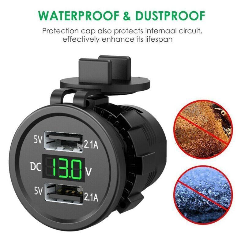 AINNA Waterproof Dual USB Ports & Voltage Display - 5V 2.1A Output untuk Kenderaan 12-24V. Sesuai untuk Kereta, Bot, Motosikal - Ainna Store